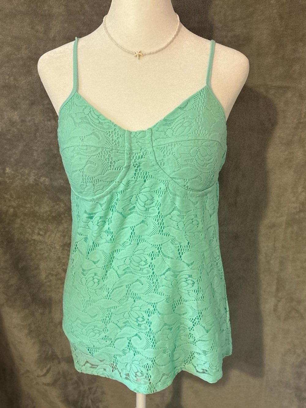 Vintage Y2k Adjustable Teal / Mint Green Lace Tank Top Cami with Padding